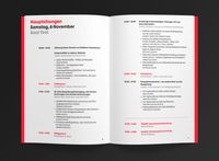 A booklet with the schedule and other information accompanying the mountain rescue medical conference. The spread shows the program of the main day, including times, talks, and lecturers. The typography adapts the identities main colors red and black.